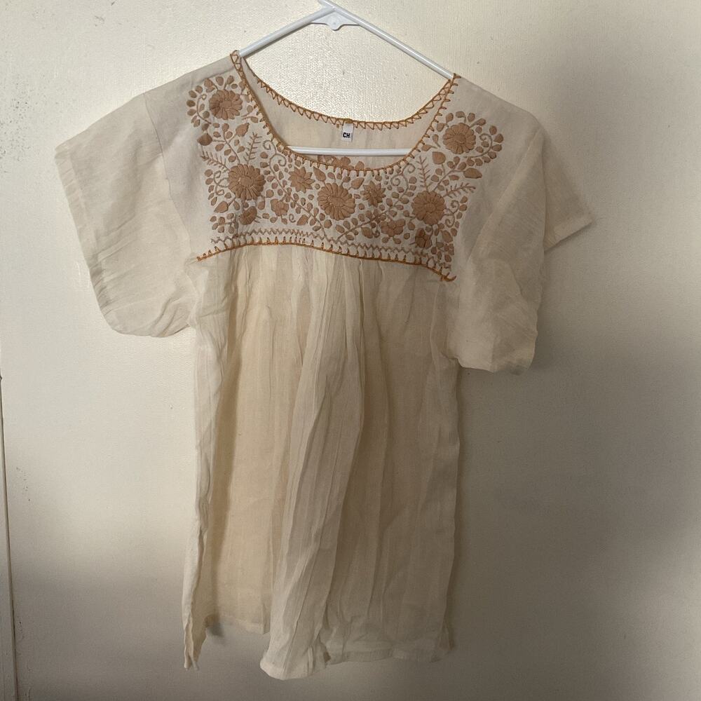 Mexican Embroidered Tunic Blouse Women’s Cream Floral Boho Peasant Top Size S